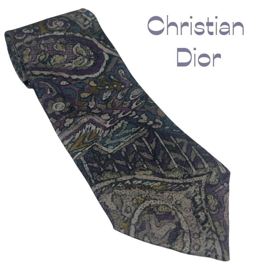 Christian Dior Gray Teal Black Watercolor Print Silk Necktie Luxury Designer
